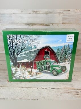 2024 Christmas Party 1000 Piece Oversized Jigsaw Puzzle 27x39 in Barn Truck Tree